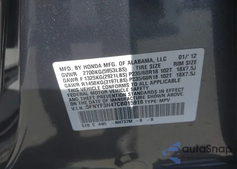 2012 Honda Pilot Ex z USA, uszkodzony, nr VIN 5FNYF3H47CB015918